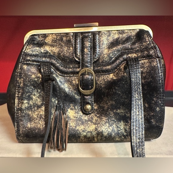 NWT Patricia Nash Distressed Black & Gold Lamé Finish Dual Strap Leather Satchel - Picture 3 of 16
